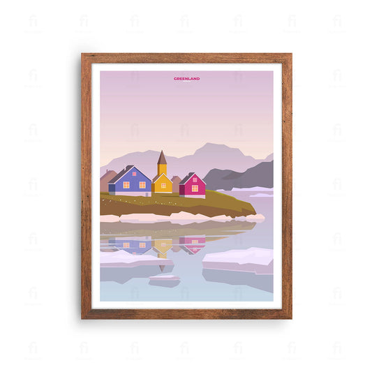 Plakat z artystyczną grafiką przedstawiającą góry lodowe i arktyczny krajobraz Grenlandii.
