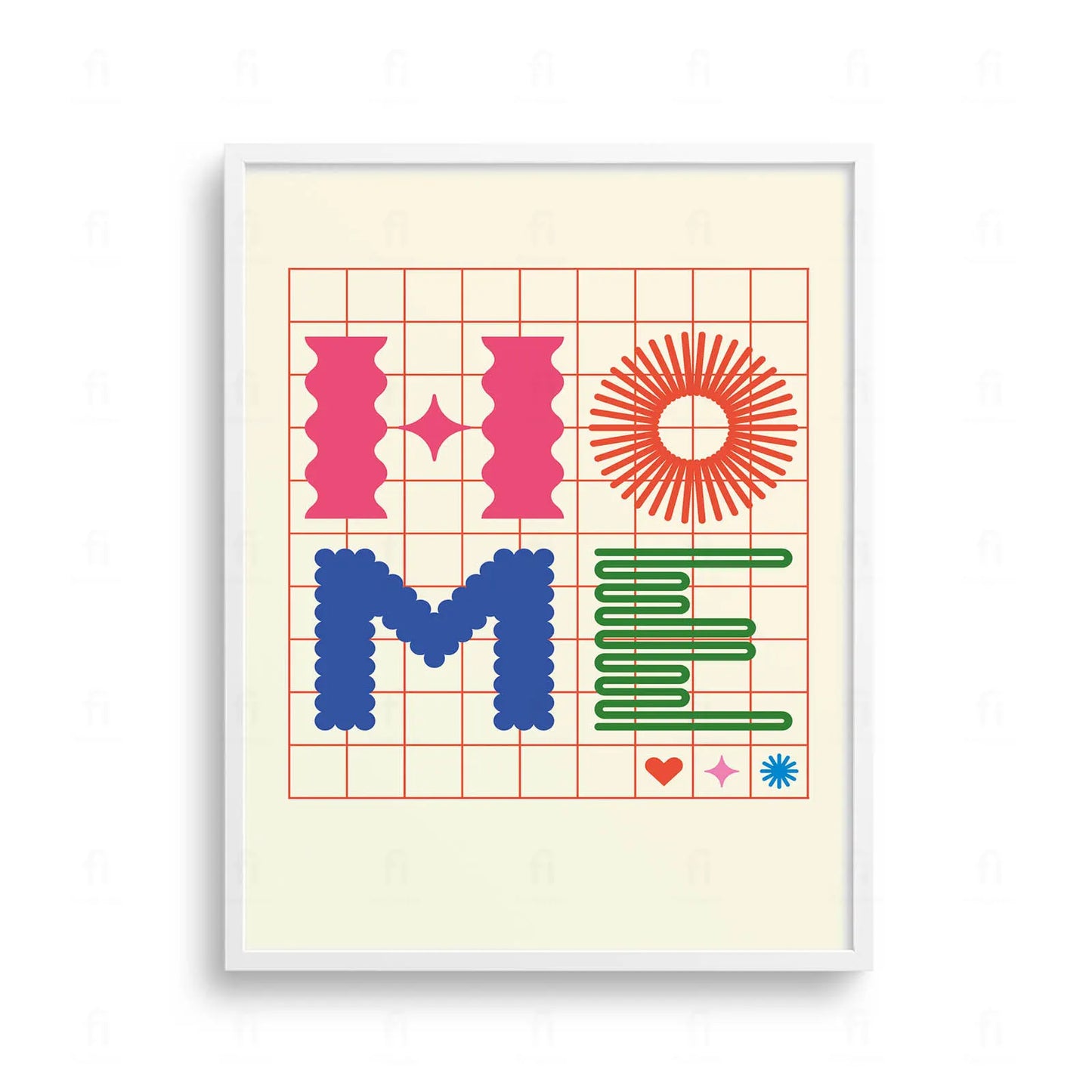 Plakat z kolorową typografią układającą się w napis "HOME" 