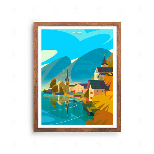  Plakat z artystyczną grafiką przedstawiającą widok na alpejską wioskę Hallstatt w Austrii, położoną nad jeziorem.