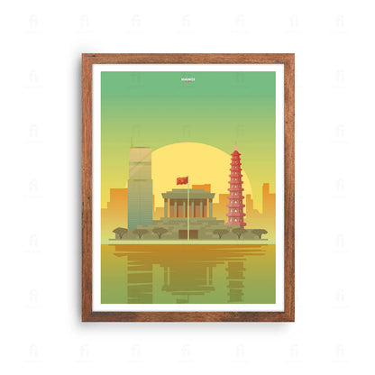 Plakat z egzotyczną grafiką przedstawiającą charakterystyczną pagodę i architekturę Hanoi w Wietnamie.