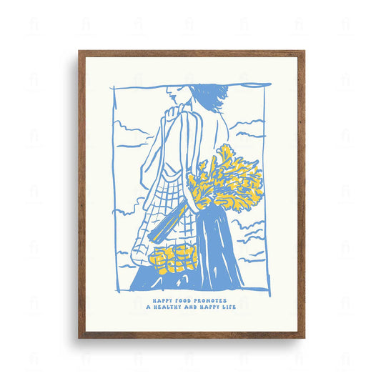  Plakat z radosną, kolorową grafiką i typografią z napisem "Happy Food, Happy Life".
