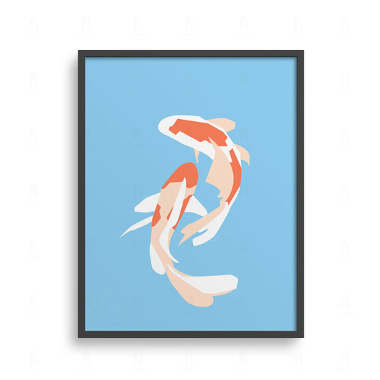 Plakat z grafiką przedstawiającą dwa pomarańczowo-białe karpie koi pływające w okręgu, w stylu japońskim.