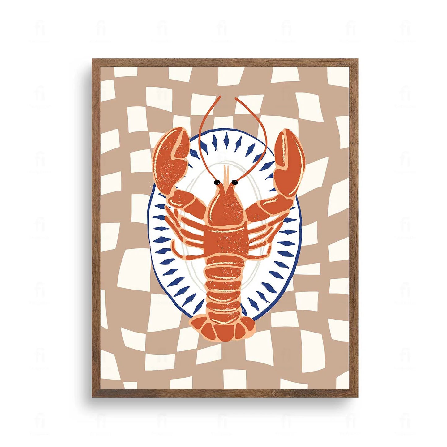 Plakat z elegancką grafiką przedstawiającą czerwonego homara na talerzu.
