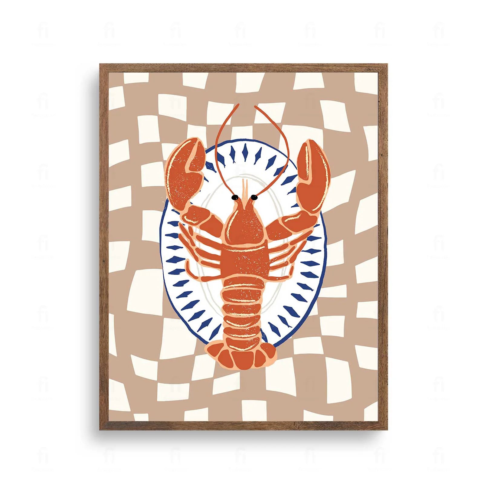 Plakat z elegancką grafiką przedstawiającą czerwonego homara na talerzu.
