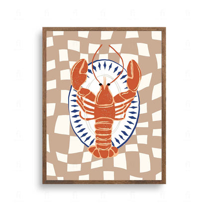 Plakat z elegancką grafiką przedstawiającą czerwonego homara na talerzu.
