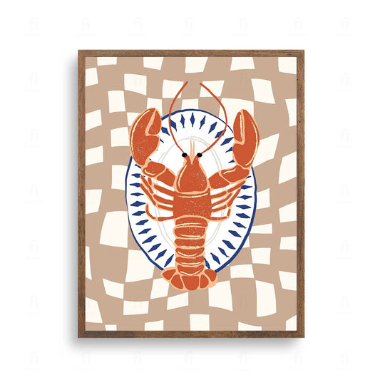 Plakat z elegancką grafiką przedstawiającą czerwonego homara na talerzu.
