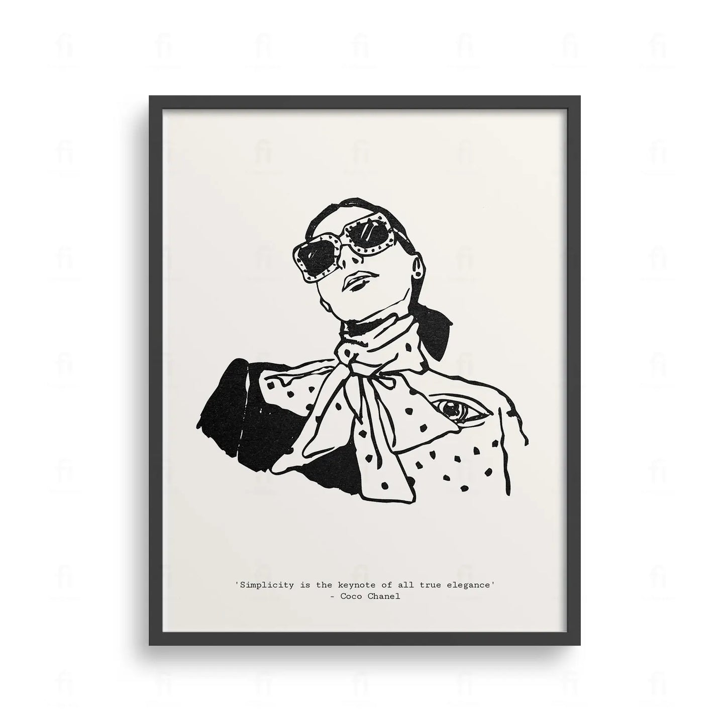 Plakat z czarno-białą grafiką przedstawiającą portret kobiety w stylu Coco Chanel z jej słynnym cytatem.