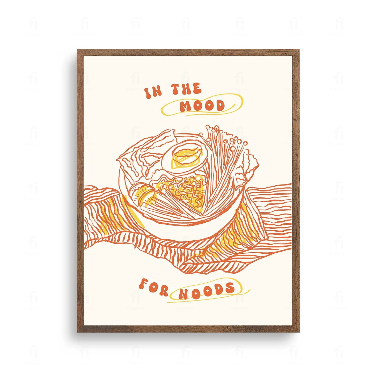Plakat z apetyczną grafiką z miską makaronu i napisem "In the Mood for Noods".
