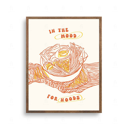 Plakat z apetyczną grafiką z miską makaronu i napisem "In the Mood for Noods".
