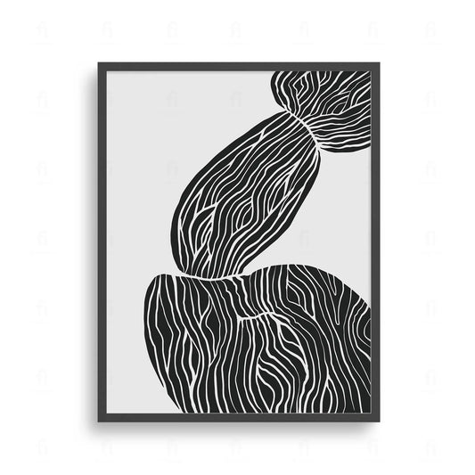 Plakat z czarno-białą, abstrakcyjną grafiką przedstawiającą organiczne kształty inspirowane kamieniami.
