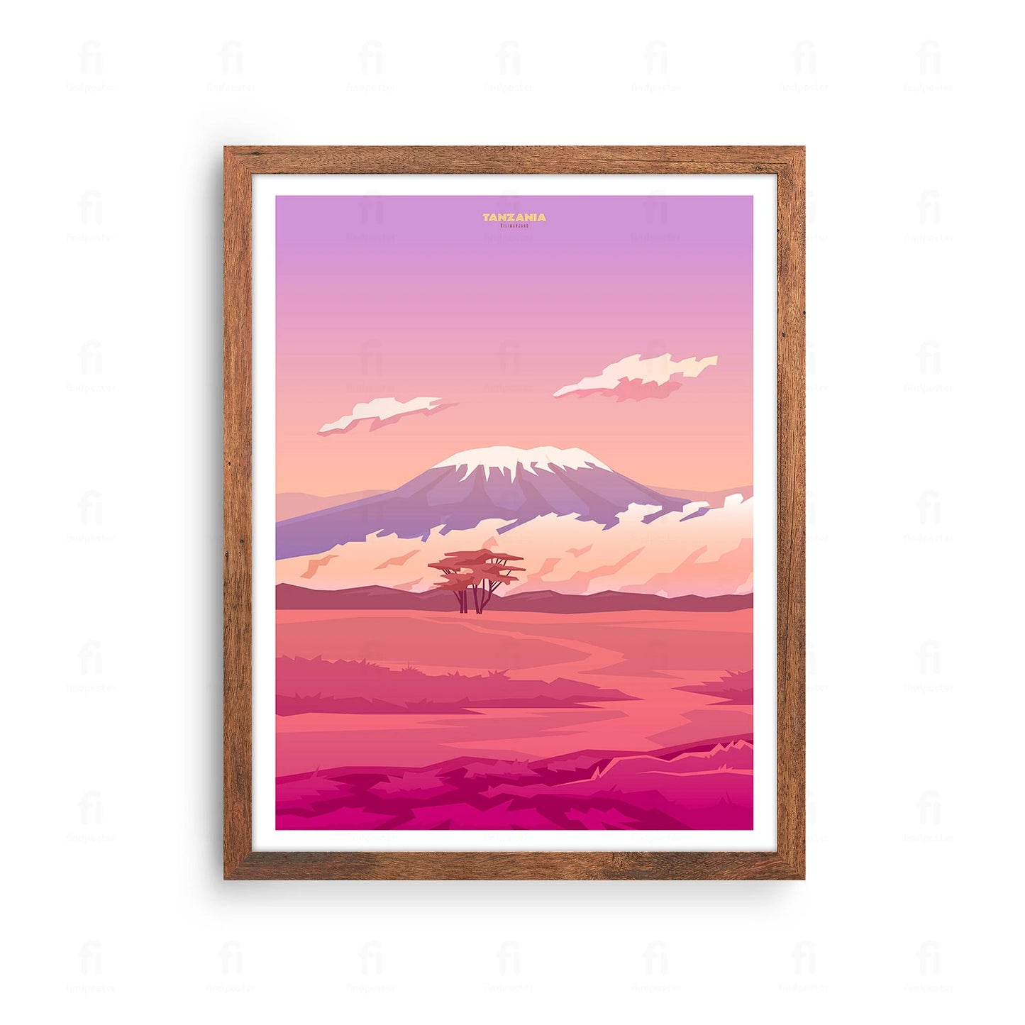 Plakat z artystyczną grafiką przedstawiającą ośnieżony szczyt Kilimandżaro w Tanzanii.
