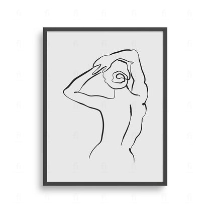  Plakat z czarno-białą grafiką line art przedstawiającą zarys kobiecej postaci / sylwetki.