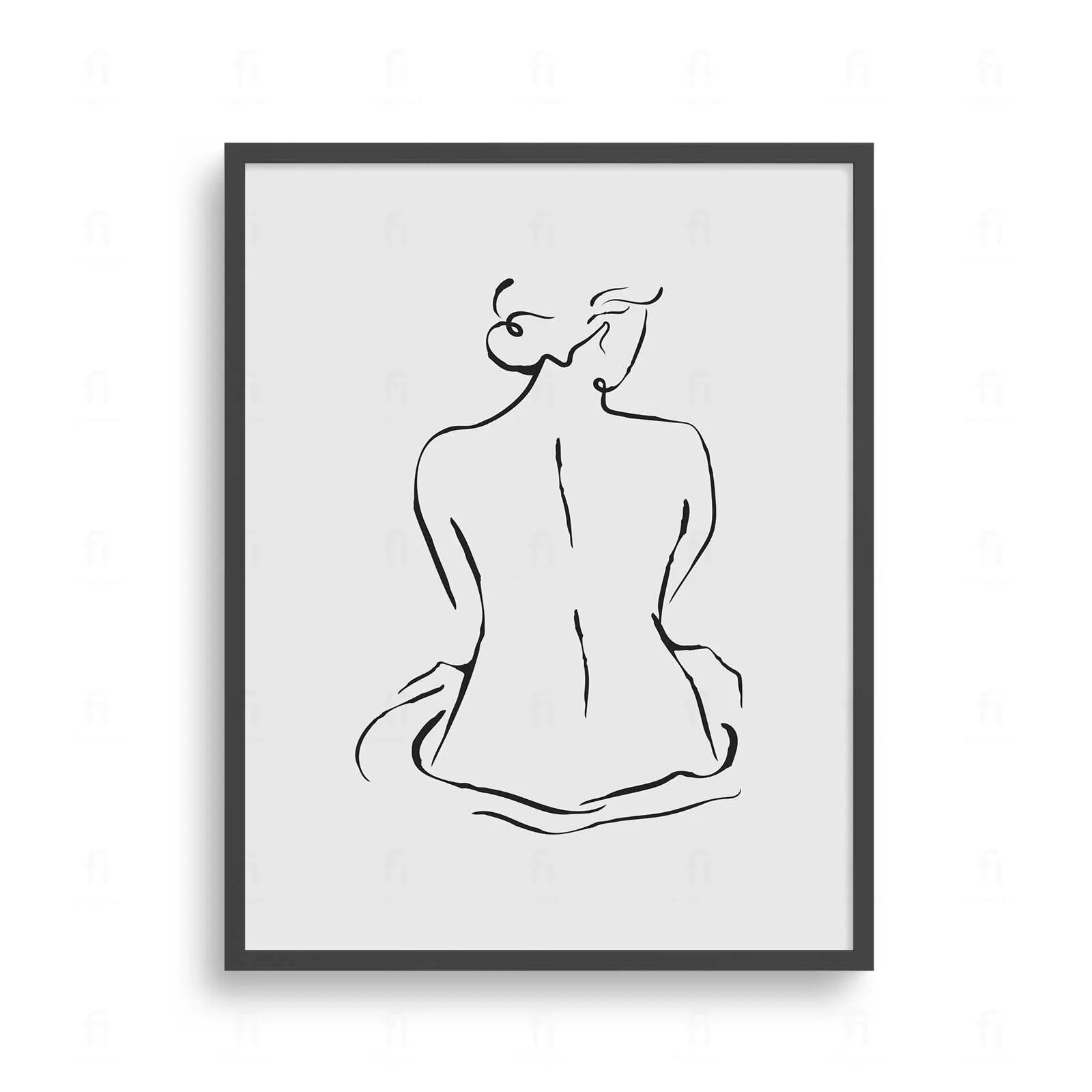 Plakat z czarno-białą grafiką line art przedstawiającą zarys kobiecej postaci / sylwetki.