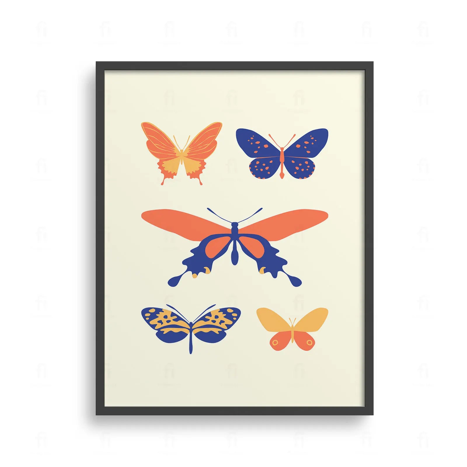 Plakat z grafiką przedstawiającą kolekcję różnych, kolorowych motyli na jasnym tle, w stylu retro.