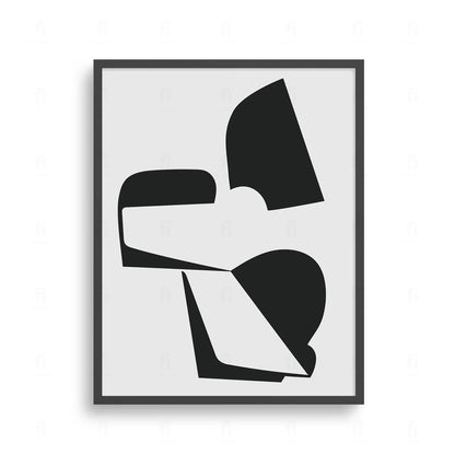 Plakat z czarno-białą, abstrakcyjną grafiką przedstawiającą kompozycję figur i kształtów geometrycznych.