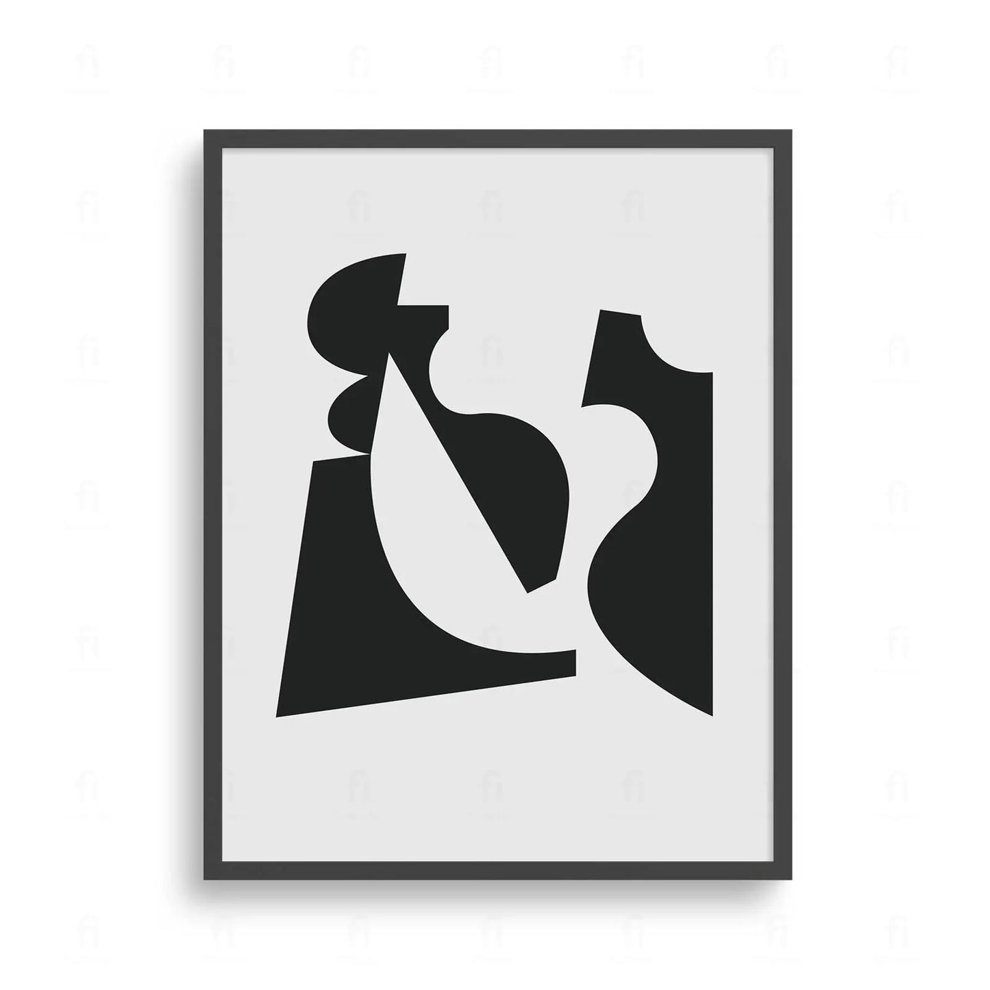 Plakat z czarno-białą, abstrakcyjną grafiką przedstawiającą kompozycję figur i kształtów geometrycznych.
