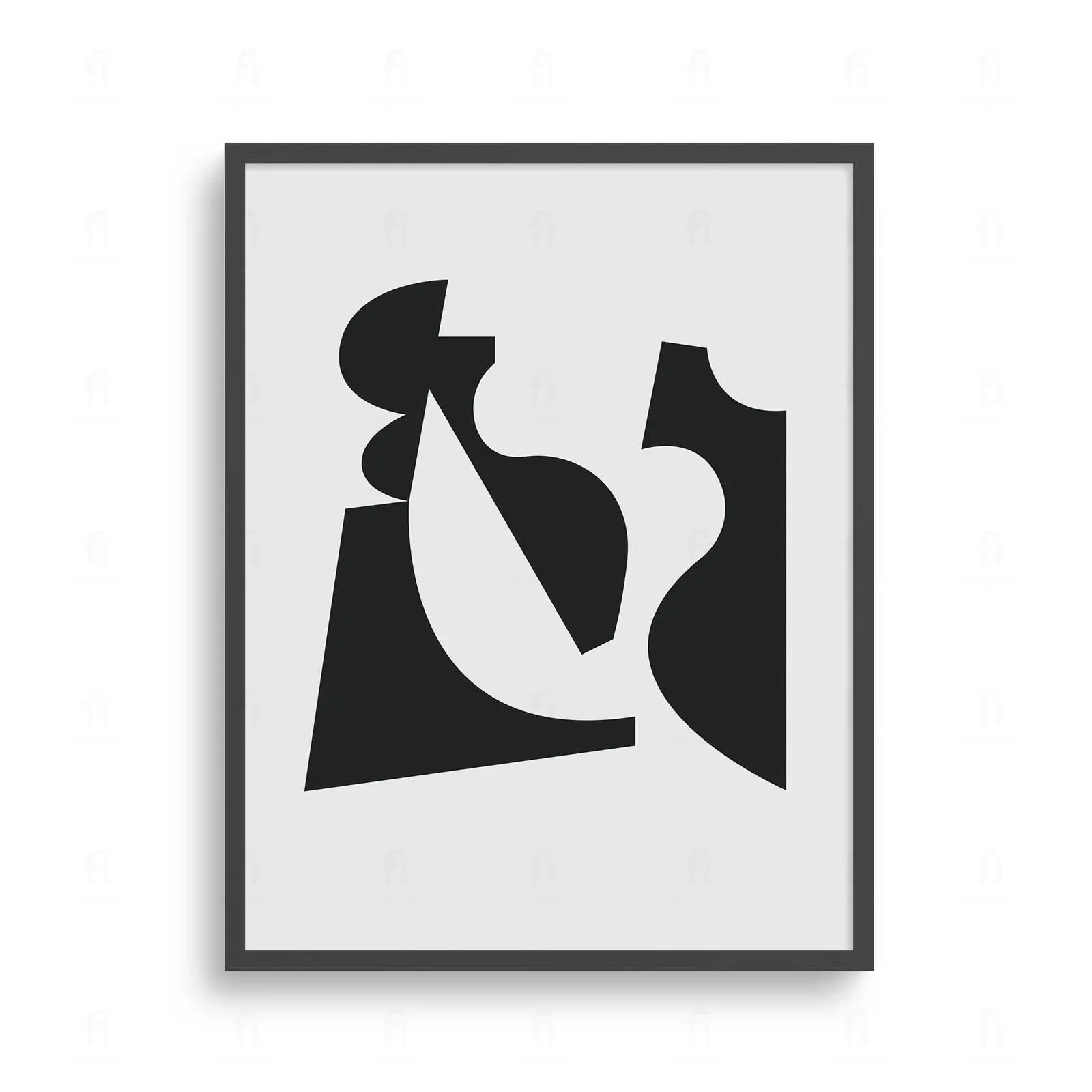 Plakat z czarno-białą, abstrakcyjną grafiką przedstawiającą kompozycję figur i kształtów geometrycznych.
