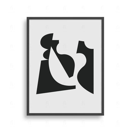 Plakat z czarno-białą, abstrakcyjną grafiką przedstawiającą kompozycję figur i kształtów geometrycznych.
