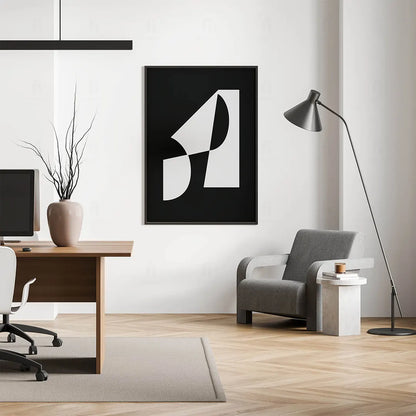 Plakat abstrakcyjny z liniami wiszący w nowoczesnym biurze.
