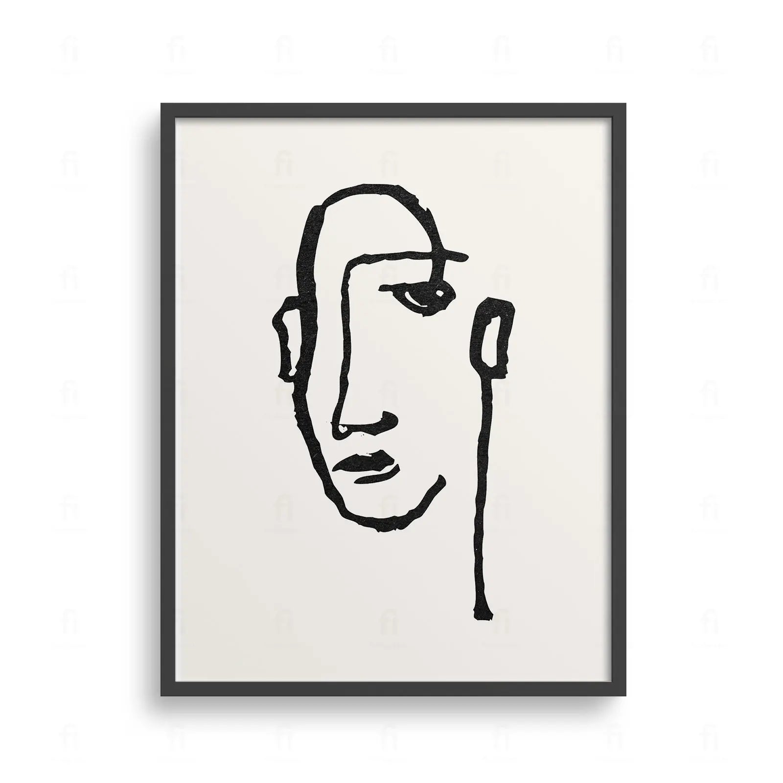 Plakat z abstrakcyjnym portretem twarzy narysowanym jedną, ciągłą, czarną linią na białym