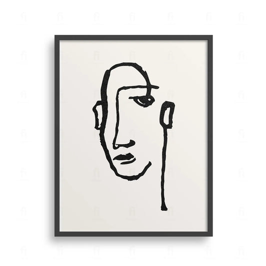 Plakat z abstrakcyjnym portretem twarzy narysowanym jedną, ciągłą, czarną linią na białym