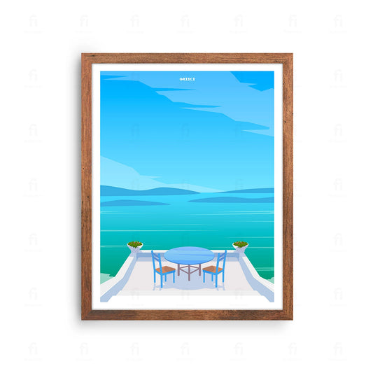  Plakat z artystyczną grafiką przedstawiającą malownicze wybrzeże wyspy Korfu w Grecji.