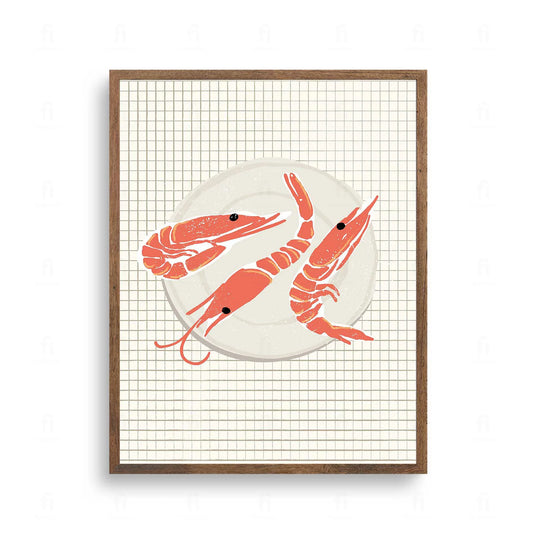 Plakat z grafiką w stylu retro przedstawiającą krewetki na biało-czerwonej kratce.
