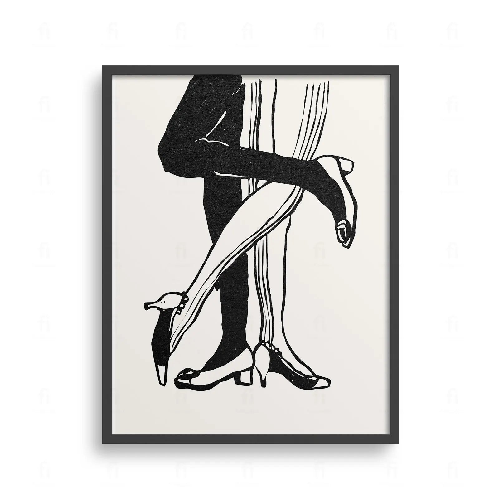 Plakat z dynamiczną, czarno-białą grafiką liniową przedstawiającą tańczącą parę.