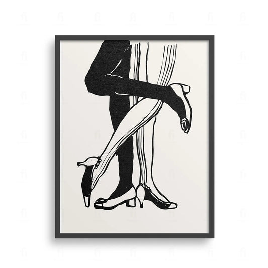 Plakat z dynamiczną, czarno-białą grafiką liniową przedstawiającą tańczącą parę.