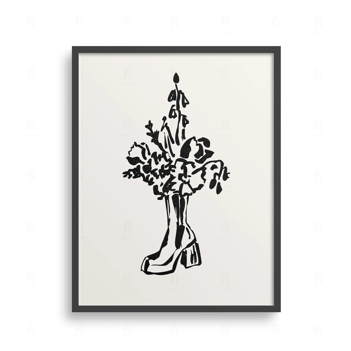 Plakat z surrealistyczną, czarno-białą grafiką przedstawiającą but na obcasie, z którego wyrasta duży kwiat.