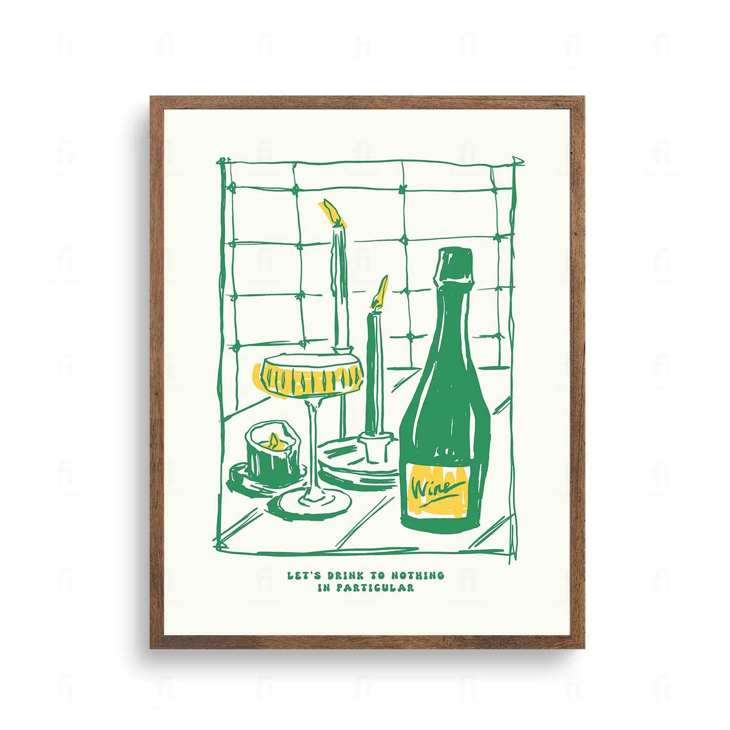 Plakat ze stylową grafiką typograficzną z napisem "Let's Drink to Nothing in Particular"