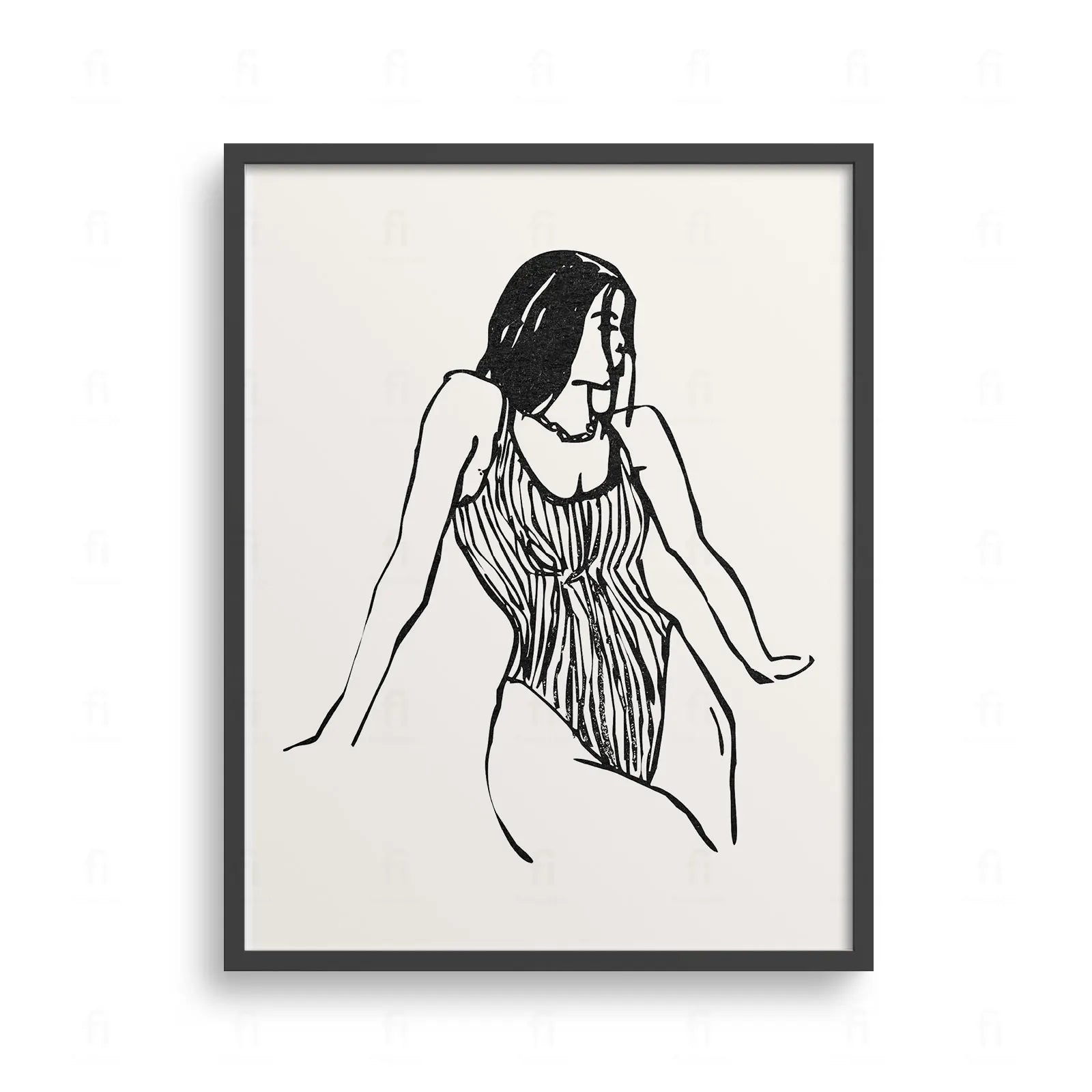 Plakat z czarno-białą grafiką liniową przedstawiającą kobietę w kostiumie kąpielowym.