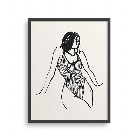 Plakat z czarno-białą grafiką liniową przedstawiającą kobietę w kostiumie kąpielowym.