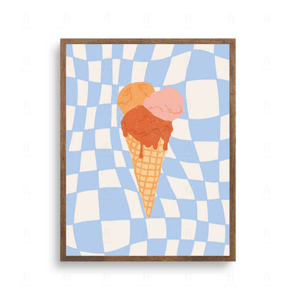 Plakat z kolorową grafiką przedstawiającą trzy gałki lodów w wafelku.
