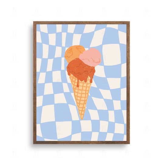 Plakat z kolorową grafiką przedstawiającą trzy gałki lodów w wafelku.
