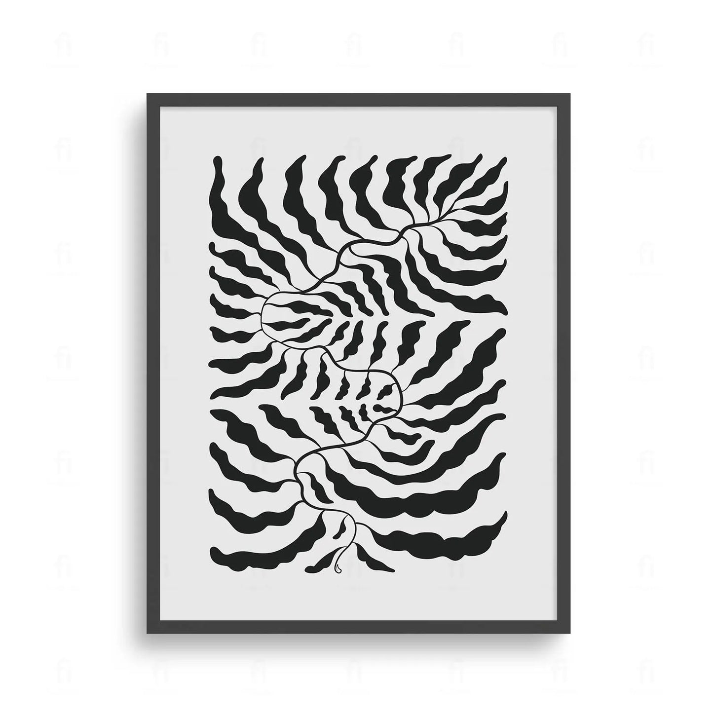 Plakat z czarno-białą, abstrakcyjną grafiką przedstawiającą kompozycję liści ułożonych w okrąg.