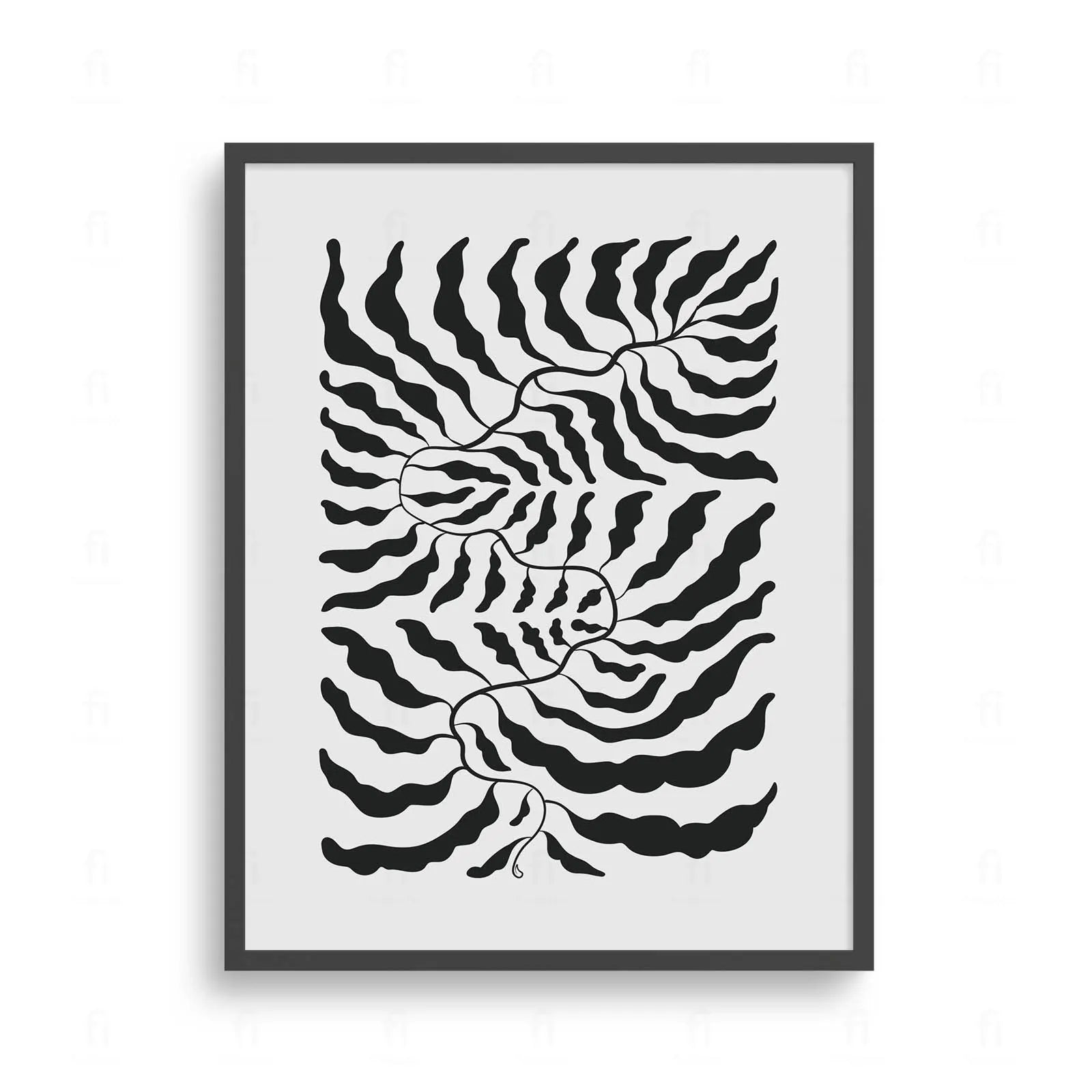 Plakat z czarno-białą, abstrakcyjną grafiką przedstawiającą kompozycję liści ułożonych w okrąg.