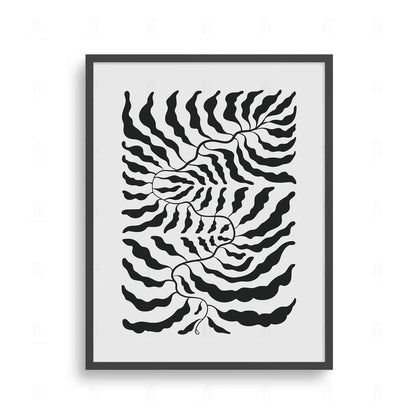 Plakat z czarno-białą, abstrakcyjną grafiką przedstawiającą kompozycję liści ułożonych w okrąg.
