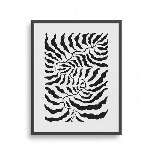Plakat z czarno-białą, abstrakcyjną grafiką przedstawiającą kompozycję liści ułożonych w okrąg.