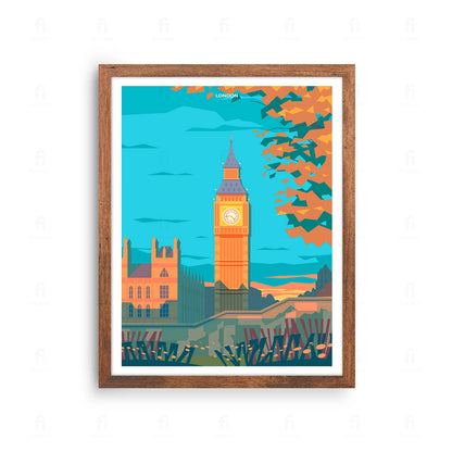 Plakat z artystyczną grafiką przedstawiającą wieżę zegarową Big Ben w Londynie.
