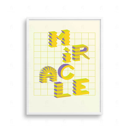 Plakat z napisem "Miracle" na tle kolorowej, abstrakcyjnej grafiki.

