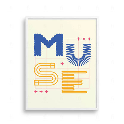 Plakat z nowoczesną, abstrakcyjną grafiką z napisem "MUSE".
