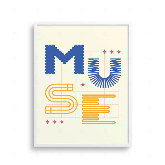 Plakat z nowoczesną, abstrakcyjną grafiką z napisem "MUSE".
