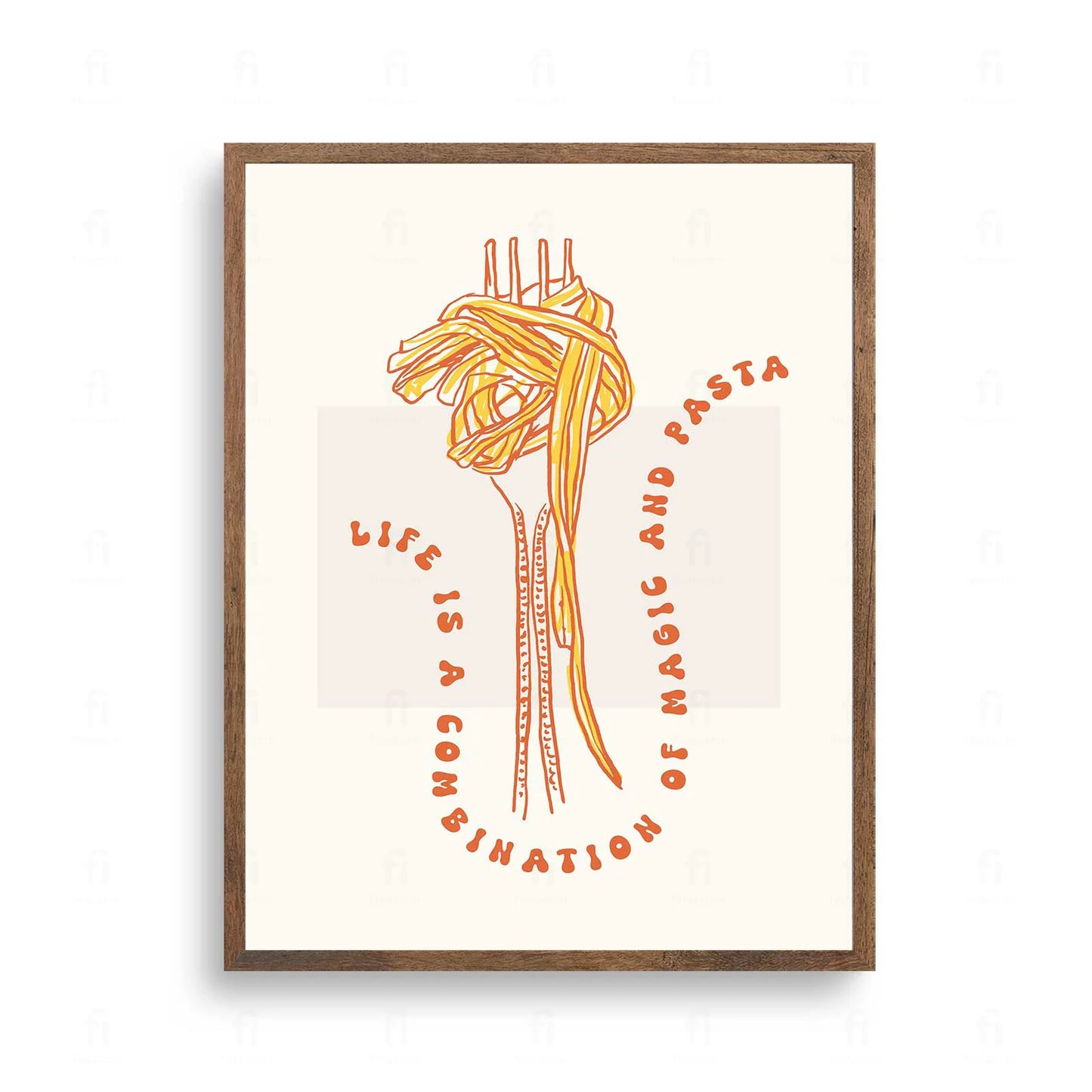 Plakat z zabawną grafiką i napisem o magii i makaronie.
