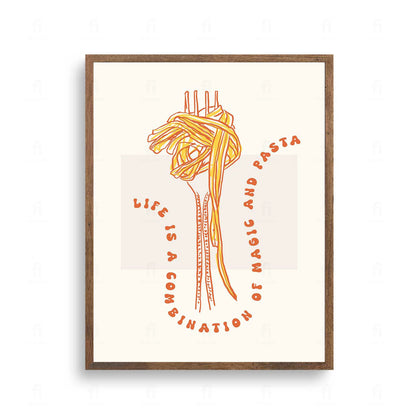 Plakat z zabawną grafiką i napisem o magii i makaronie.
