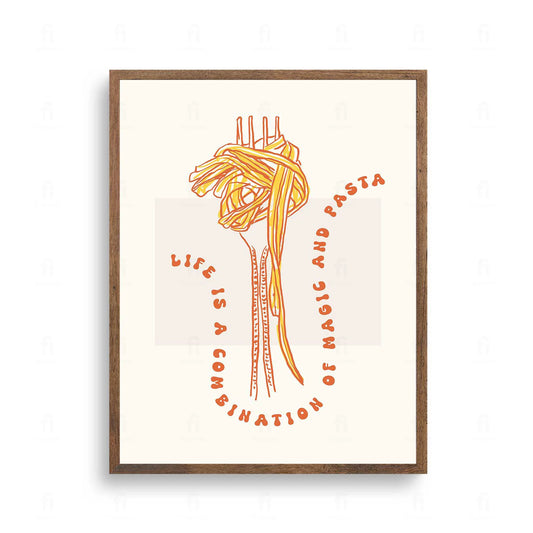 Plakat z zabawną grafiką i napisem o magii i makaronie.
