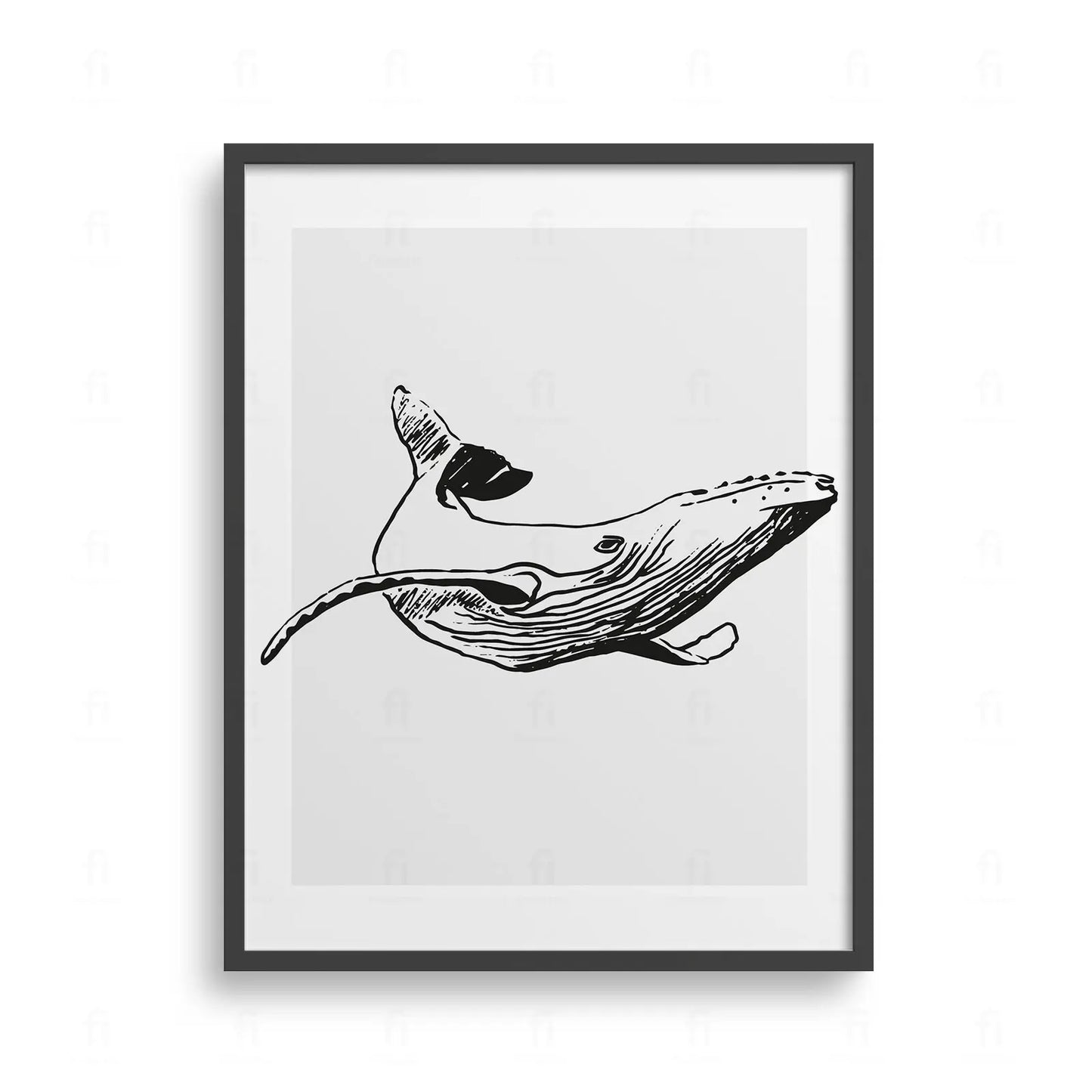 Plakat z minimalistyczną grafiką przedstawiającą dużego wieloryba płynącego w oceanie.
