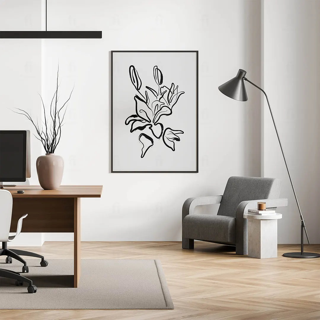 Ekspresyjna grafika kwiatów wykonana grubymi, malarskimi pociągnięciami pędzla-wisząca w biurze