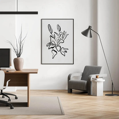 Ekspresyjna grafika kwiatów wykonana grubymi, malarskimi pociągnięciami pędzla-wisząca w biurze