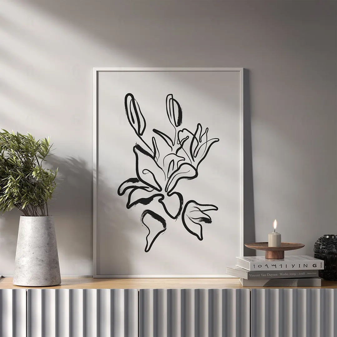 Ekspresyjna grafika kwiatów wykonana grubymi, malarskimi pociągnięciami pędzla-salon